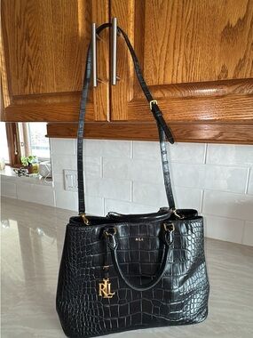 Ralph Lauren Black Croc-Embossed Tote with Gold Hardware